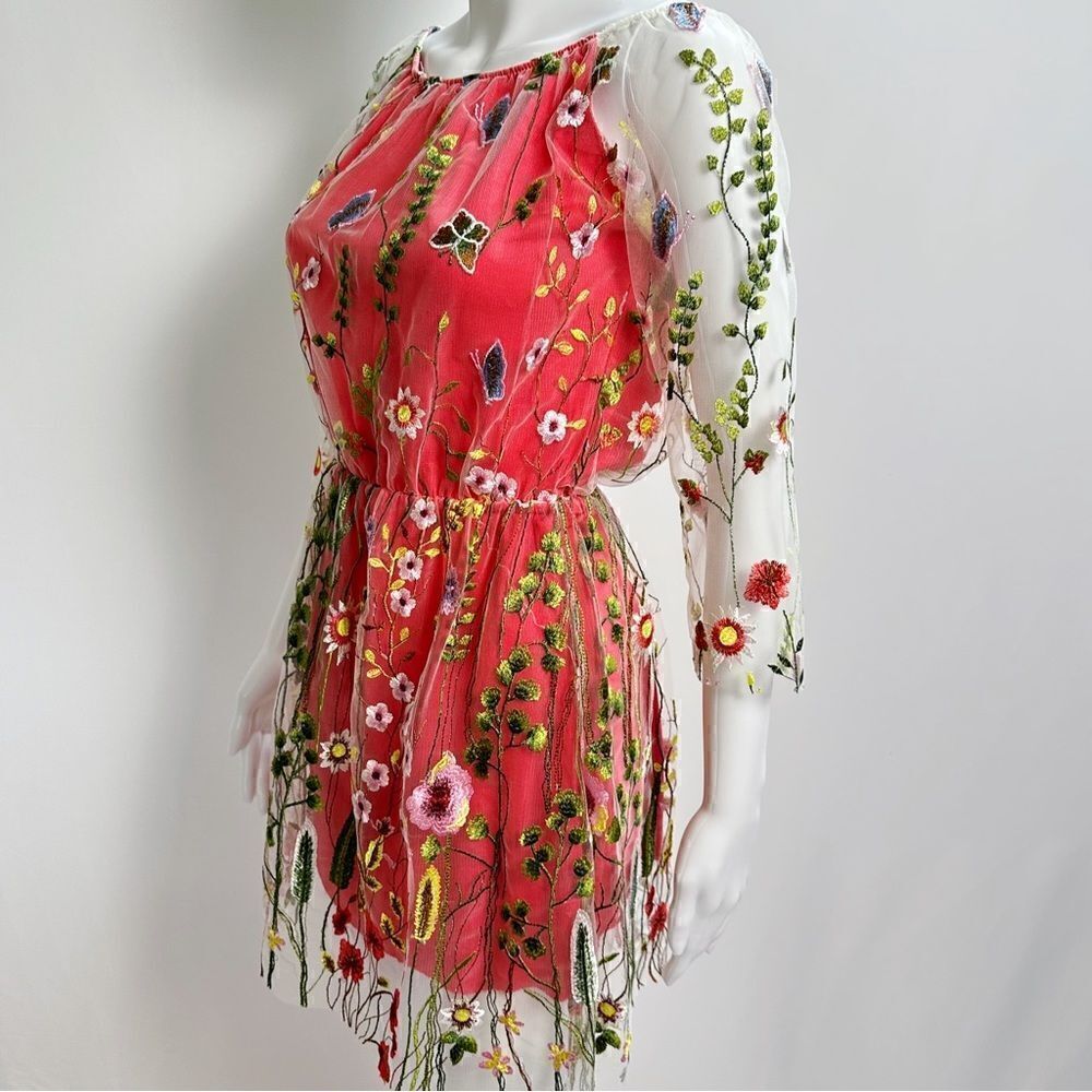 Floral Dress - Red with Embroidered Sheer Mesh Layer - Sz. XS - Botanical Garden